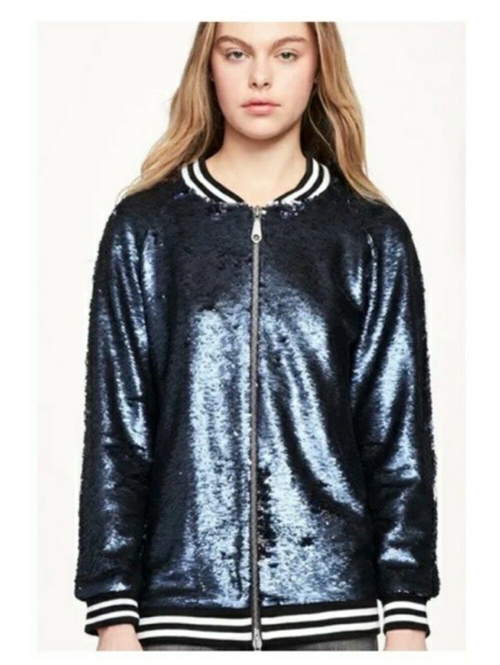 REBECCA MINKOFF SEQUIN TESSA BLUE BOMBER JACKET COAT SIZE LARGE NEW